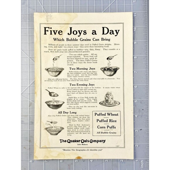 Quaker Oats Company "Puffed Wheat - Rice & Corn Puffs" Vintage Print Ad 1920 - Picture 2 of 3
